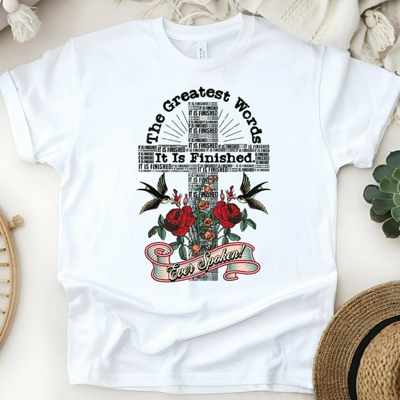 It Is Finished Shirt – Cross Typography Christian T-Shirt with Roses and Birds, White, Size S
