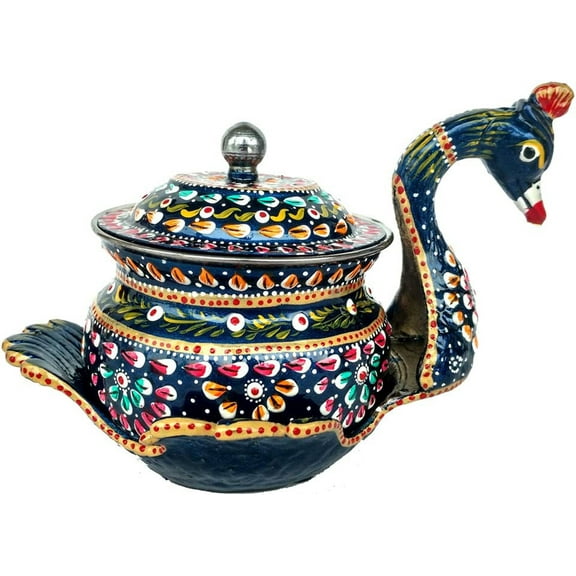 Rastogi Handicrafts Steel Hand Painted Platter Container,Kitchen Storage Bowl With spoon and lid Dry Fruit Bowl Serving Diwali Christmas Gifts SIZE - (4X4X6 INCH)