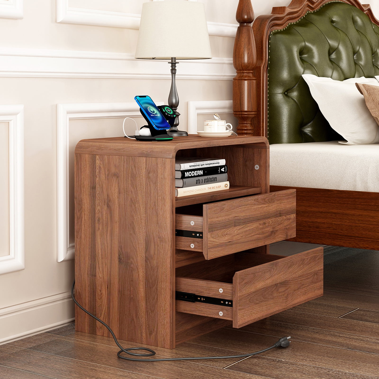 Hommoo 25" Tall Modern Wooden Nightstand Bedside Table with 2 Storage Drawers, Charging Station & Curved Profile Design, Mid Century End Table for Bedroom, Living Room, Walnut