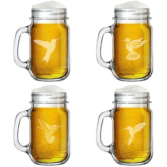 16oz Mason Jar Glass Mug w/Handle Gift Set of 4 Hummingbird Collection