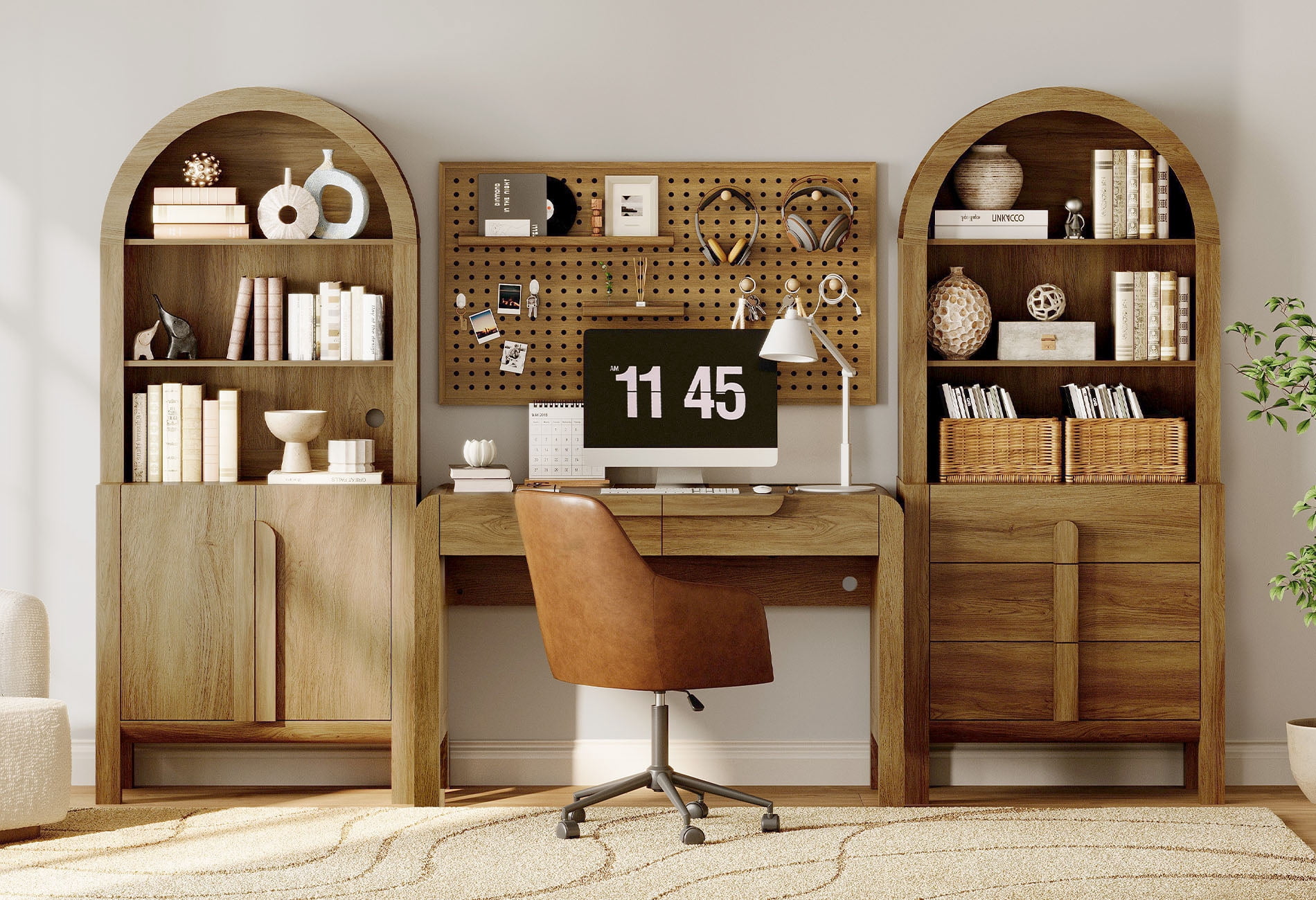 Modern Home Office Set, 47" Modern Executive Desk with Charging Station and Drawers & 2 Piece 71"H Tall 8-Tier Arched Bookcases with Cabinet for Living Room, Bedroom, Home Office