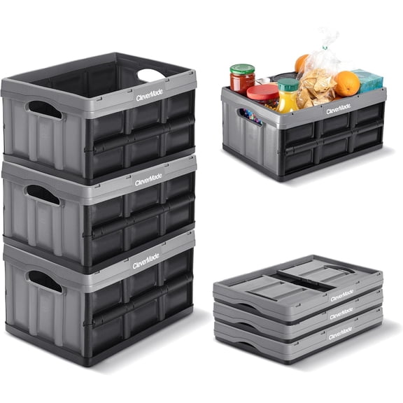 CleverMade Collapsible Storage Bin 32L Stackable, Stone 3 Pack