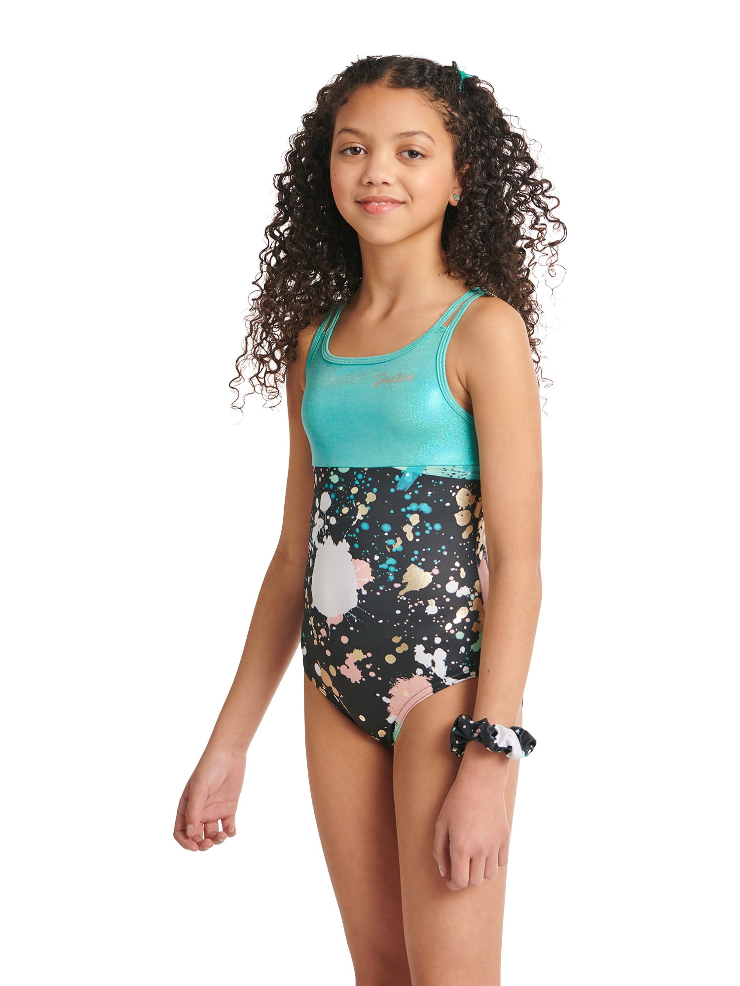 Justice Girls Splatter Dance and Gymnastics Leotard with Scrunchie, Sizes XS-XL