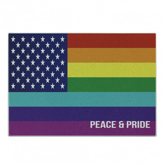 Pride Cutting Board, Mixed Flag Design American and LGBT Gay Lesbian Parade Rainbow Peace and Pride Themed, Decorative Tempered Glass Cutting and Serving Board, Small Size, Multicolor, by Ambesonne