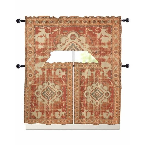 Orange Boho Kitchen Curtains Sets 24 Inch Length with Valance, Geometric Antique Tribal Retro Ethnic Swag Valances and Tiers Curtain Set Drapes Swag Curtains for Living Room, Bathroom, Bedroom, Cafe