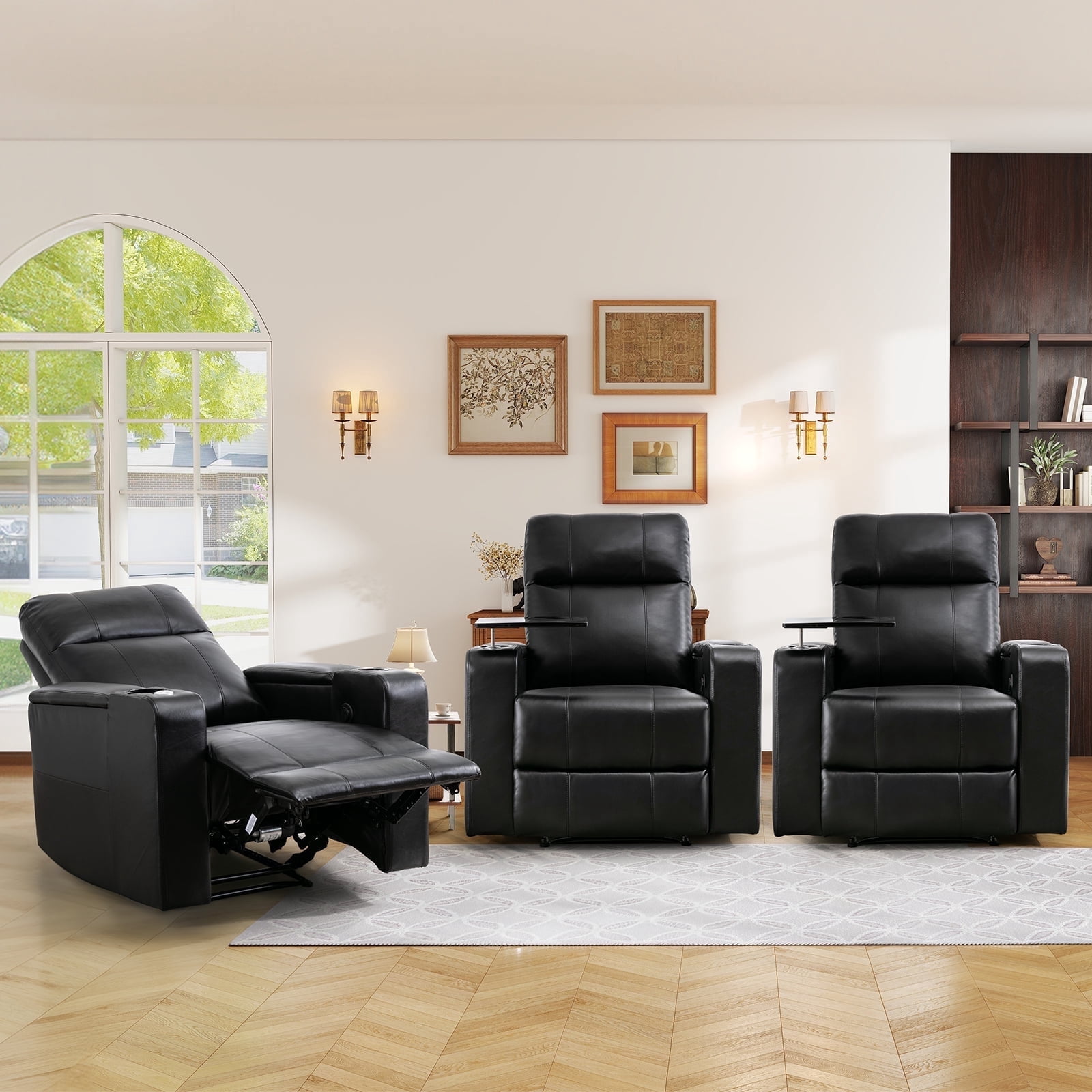 Bonzy Home Electric Power Recliner Chair Set of 3, Leather Home Theater Seating with Swivel Tray Cup Holders USB Port & Hidden Storage, Reclining Chair Sofa Furniture for Movie Room, Black