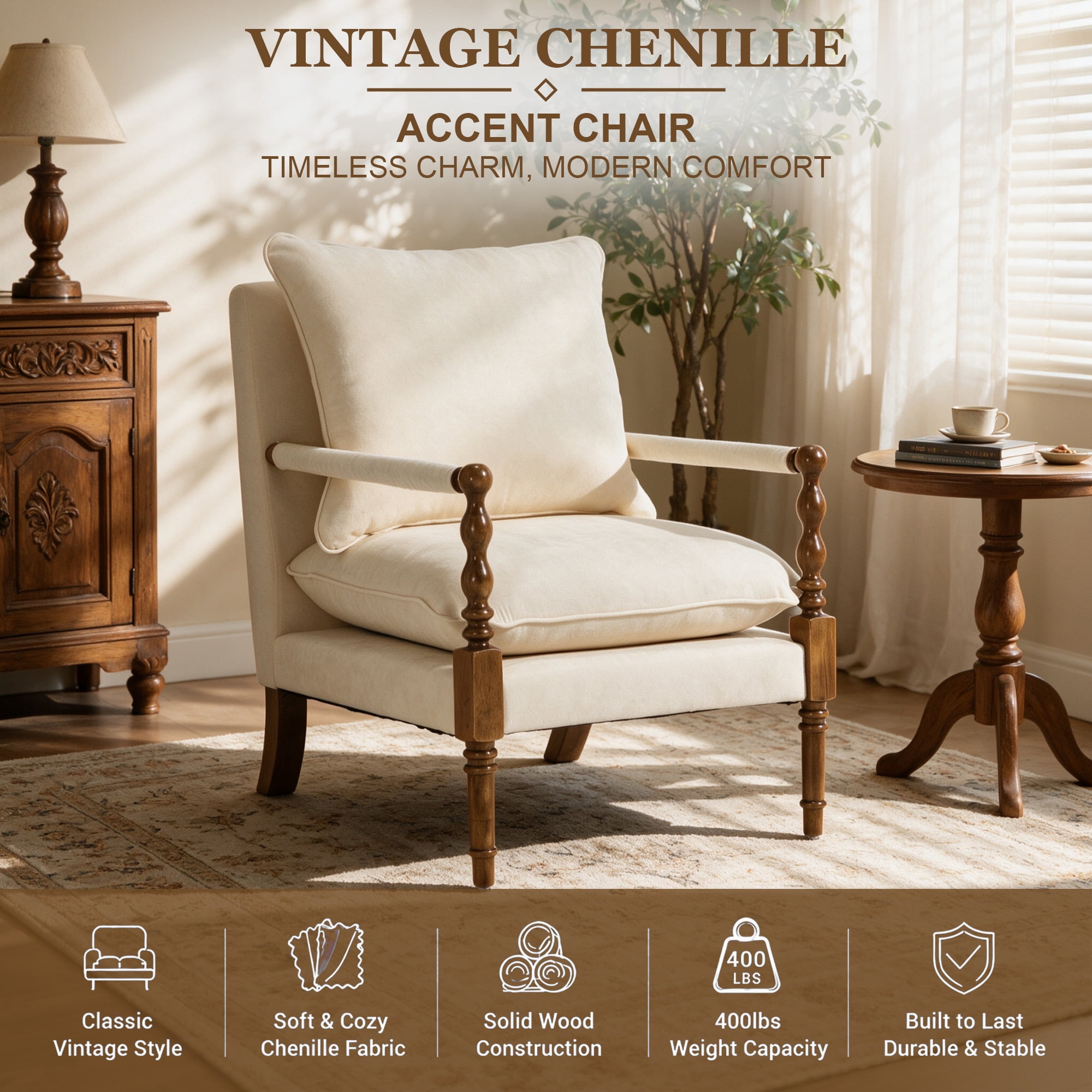 Mid-Century Modern Spindle Armchair,Linen Accent Chair with Cushion & Wood Frame for Living Room Bedroom Office,Beige