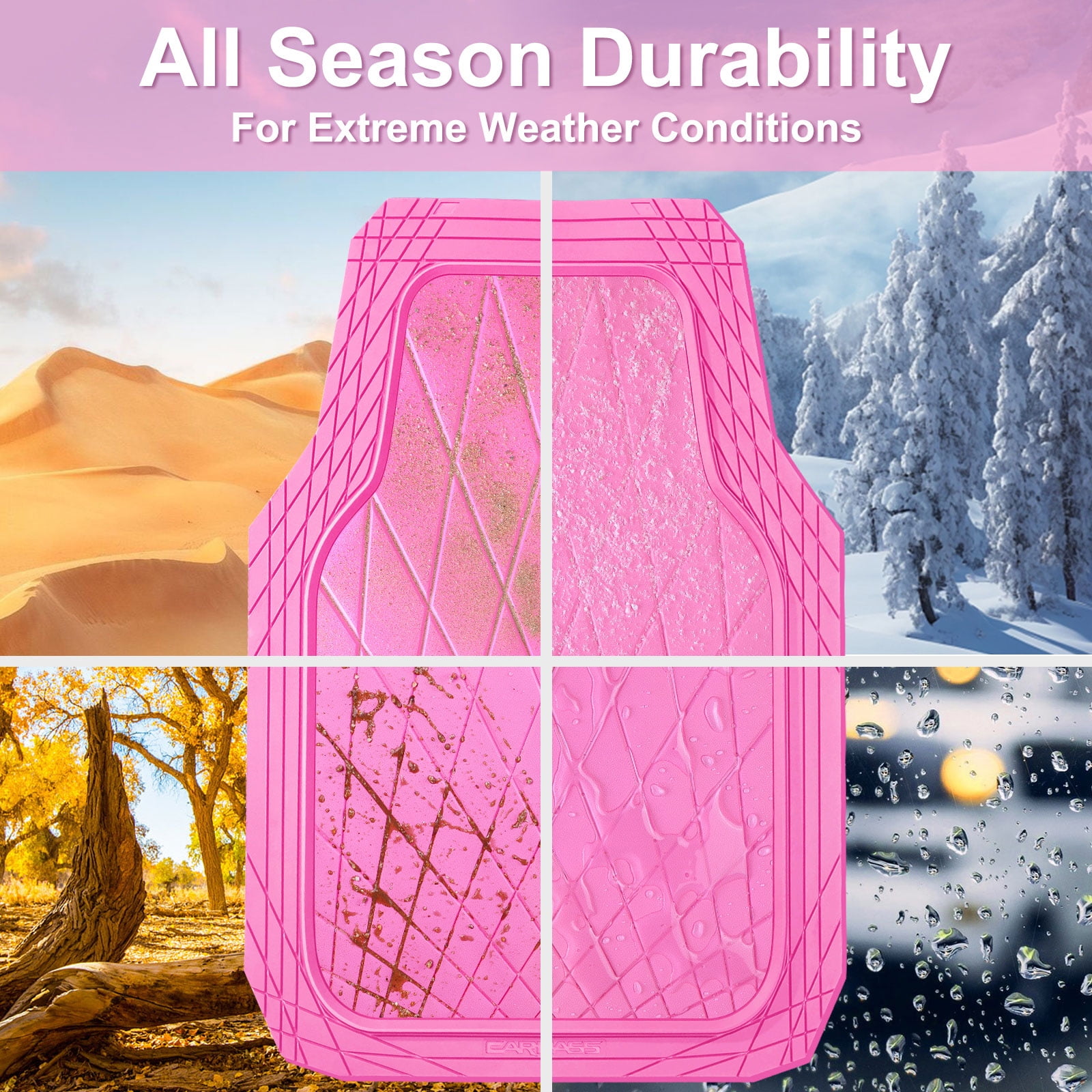 CAR GRAND Premium Heavy Duty Rubber Car Floor Mats Deep Dish All Weather Water Proof Easy Clean Universal Trim Fit Sedan SUV Van Truck All Pink