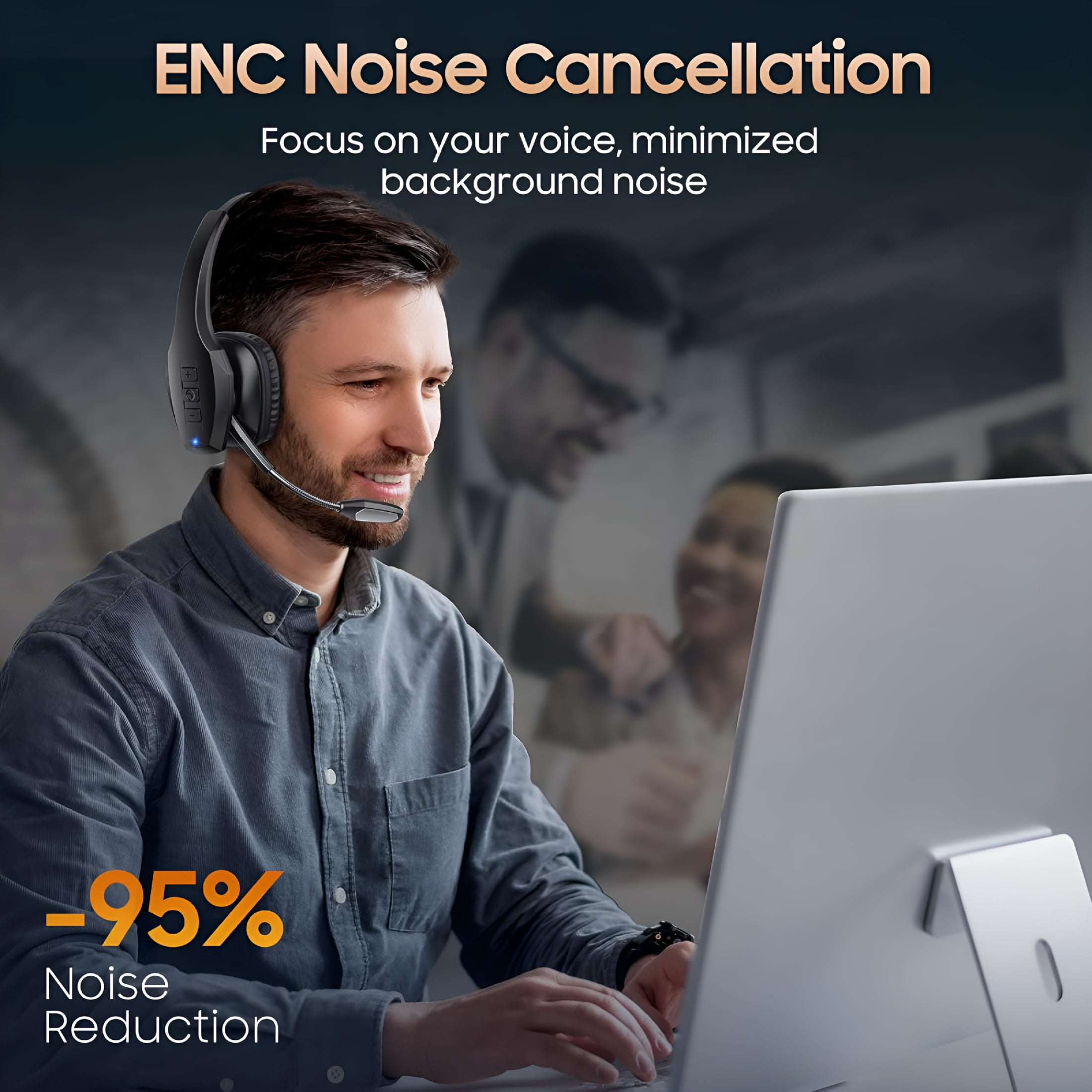 GJX Bluetooth Headset,Wireless Headset with Mic,Bluetooth Headsets with Dual Noise Cancelling Microphone & Mute Button,55Hrs Working Time PC Headsets for Cell Phones,Computer