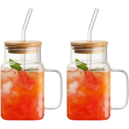 

GZhLonKiMa 20oz Clear Glass Cups with Lids and Straws Iced Coffee Tumbler Drinking Glasses with Handle for Hot Chocolate Latte Matcha Water Soda (2PCS)