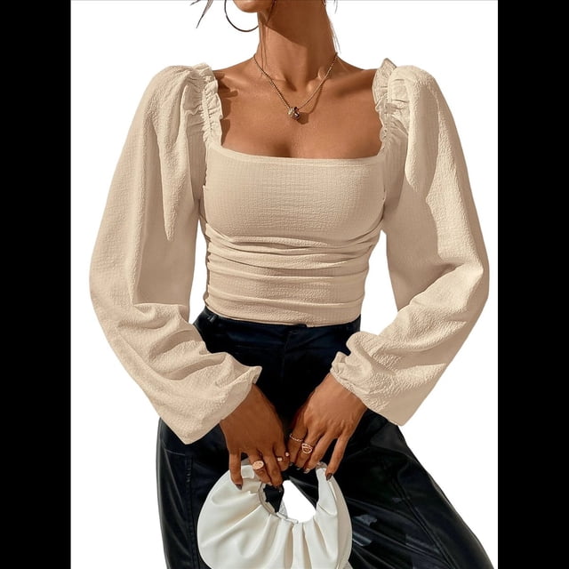 Blusa Corta de Larga con Cuello Cuadrado y Mangas Abullonadas para Mujer Albaricoque M