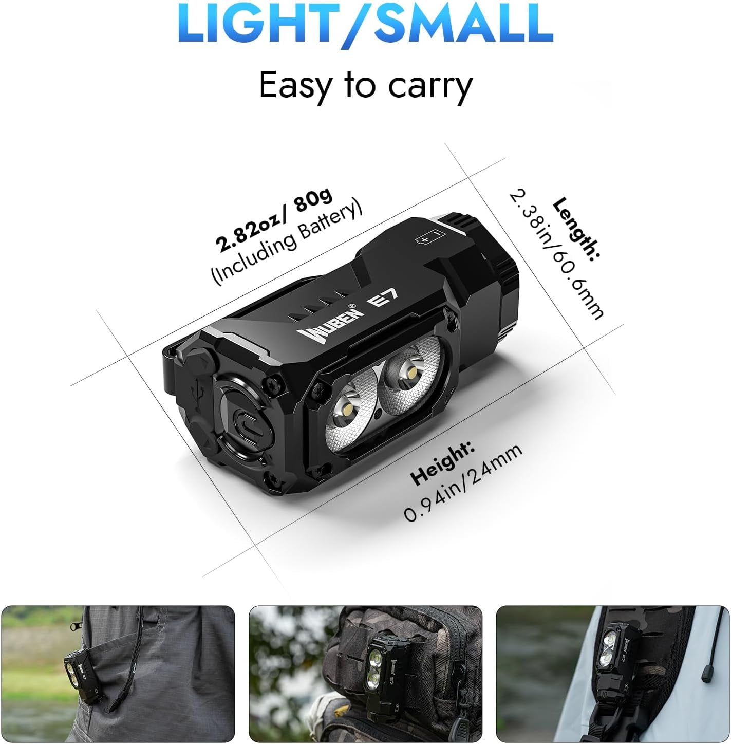 WUBEN E7 1800 Lumen Rechargeable Mini Flashlight 5000k- 6 Modes Magnetic USB-C  IP68 Waterproof for EDC Camping Rescue & Headlamp Use