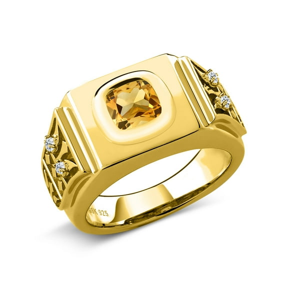 Gem Stone King Men's 18K Yellow Gold Plated Silver Yellow Citrine and White Topaz Ring (3.04 Cttw, Gemstone Birthstone, Size 10)