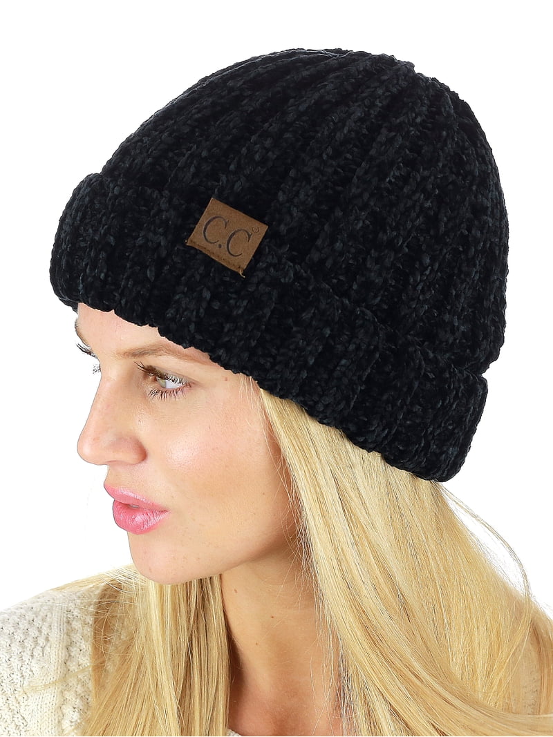 C.C. Black 100% wool hat C.C Unisex Chenille Soft Warm Stretchy Thick Cuffed Knit  main image 2