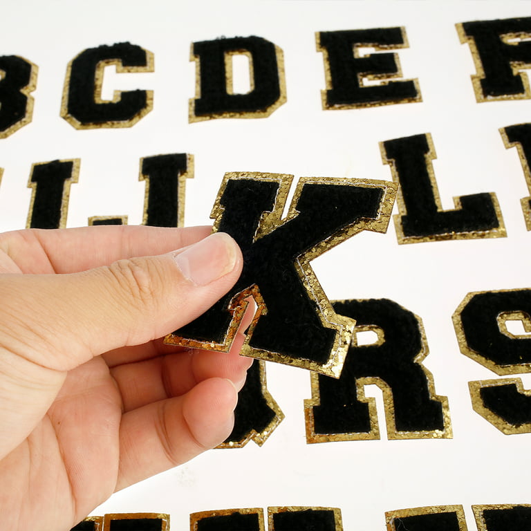 26 Letter Set Chenille Iron On Glitter Varsity Letter Patches - Black  Chenille Fabric With Gold Glitter Trim - Sew or Iron on - 5.5 cm Tall