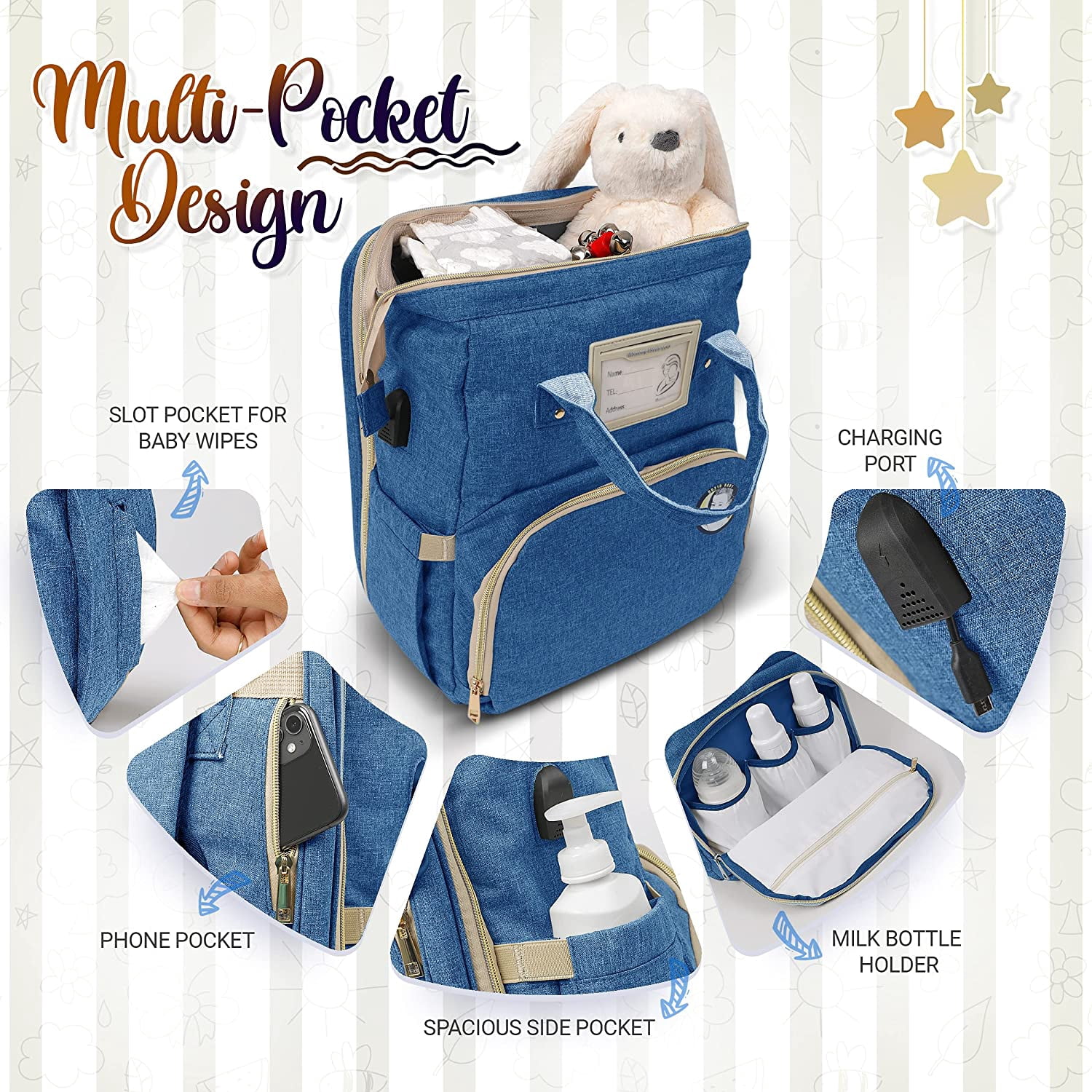Baby Diaper Bag with Changing Station – Diaper Bag Backpack and USB Port, Insulated Bottle Bag, Mosquito Net, Sunshade – Comfortable and Stylish with Practical Stroller Hooks (Blue)
