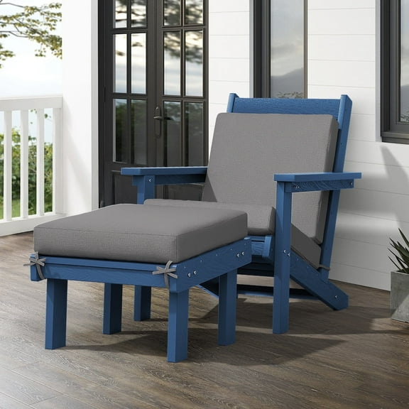 JUSTLET HDPE Adirondack Chair with Ottoman & Cushions - Waterproof, All - Weather Outdoor Patio Furniture for Yard, Garden & Balcony, Navy Blue