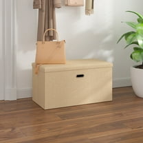 VECELO Ottoman Bench, Linen Footrest Stool, Storage Seat, Beige 29.99" L Folding Storage Ottoman