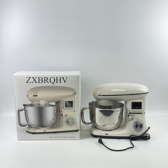 ZXBRQHV Electric kitchen mixers, 660W Electric Dough Mixer with 6 Speeds LCD Screen Timing, Tilt-Head Food Mixer with 5.8 Qt Stainless Steel Bowl, Dough Hook, Flat Beater, Whisk, Scraper - White