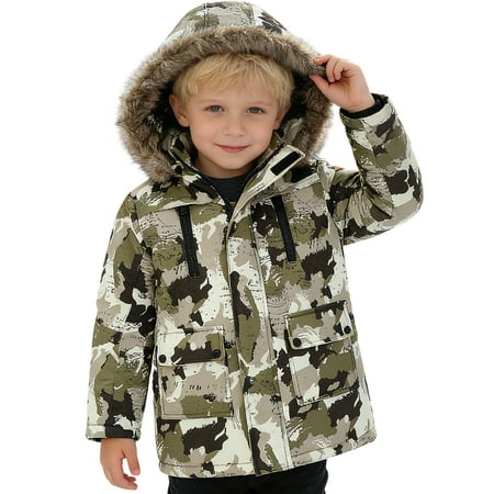 CAIVO Boys Camouflage Hood Winter Parka Kids Warm Outerwear Thick Insulated Windproof Coats With Pockets Zip Up Long Sleeve Snow Jacket For Cold Weather Outdoor Ski Daily Trendy Dailywear