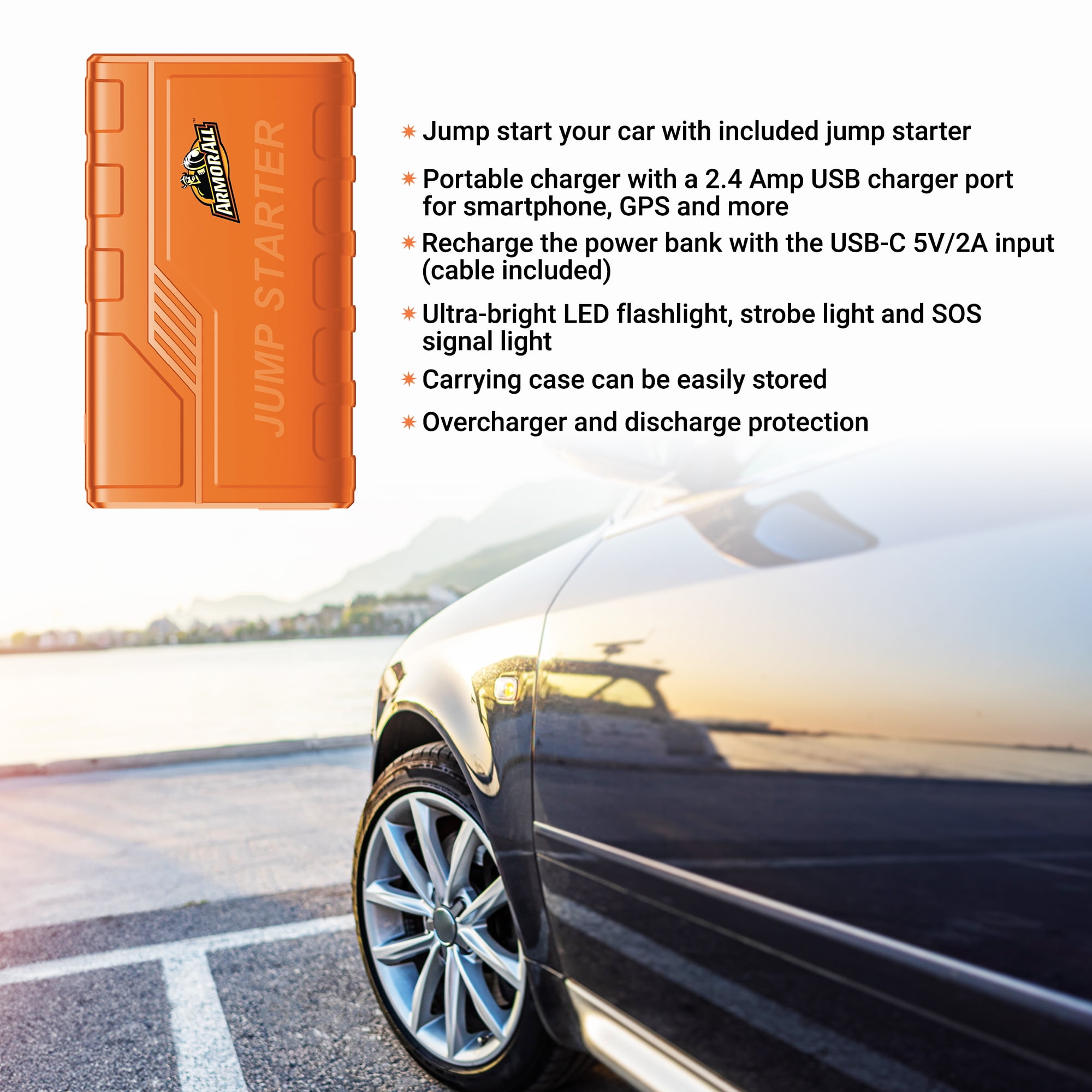 Armor All Emergency Jump Starter Power Bank Kit, 800A Peak Amps, Ultra-Bright LED Flashlight, USB Charger, Portable Car Battery Booster with Premium Carry Case