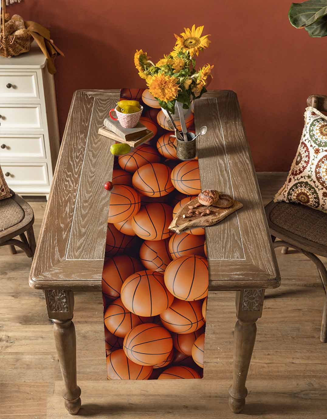 nqOlkjepod Basketball Table Runner 90 Inches Long Farmhouse Dress Scarves, Sports Brown Basketball Dining Tablerunner for Coffee Table/Kitchen Island/Party Décor, 13" x 90"