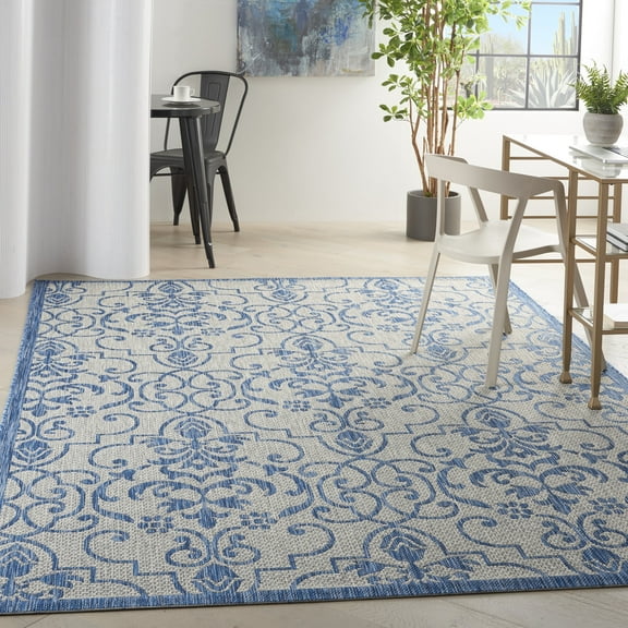 Nourison Garden Party Indoor/Outdoor Transitional Damask Ivory/Blue 6' x 9' Area Rug, (6' x 9')