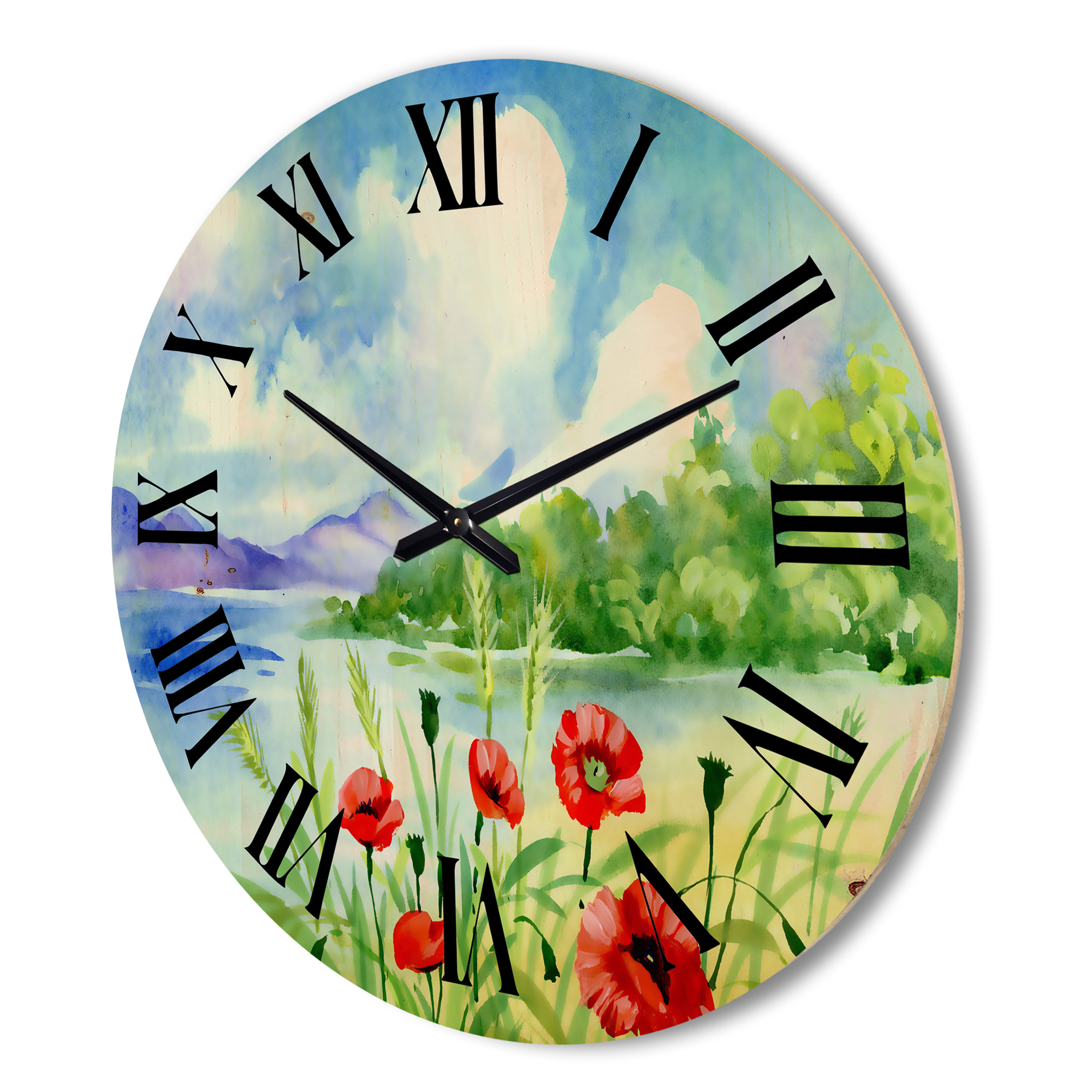 Designart 'Red Tulips On The Bank Near A River Mountain' Lake House Wood Wall Clock