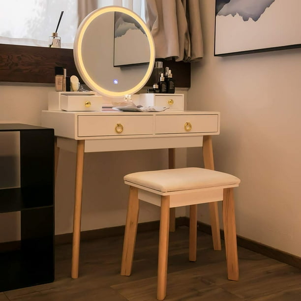 Vivohome Wooden Vanity Set With 3 Color Touch Screen Dimmable Mirror Make Up Table And Stool Set White Walmart Com Walmart Com
