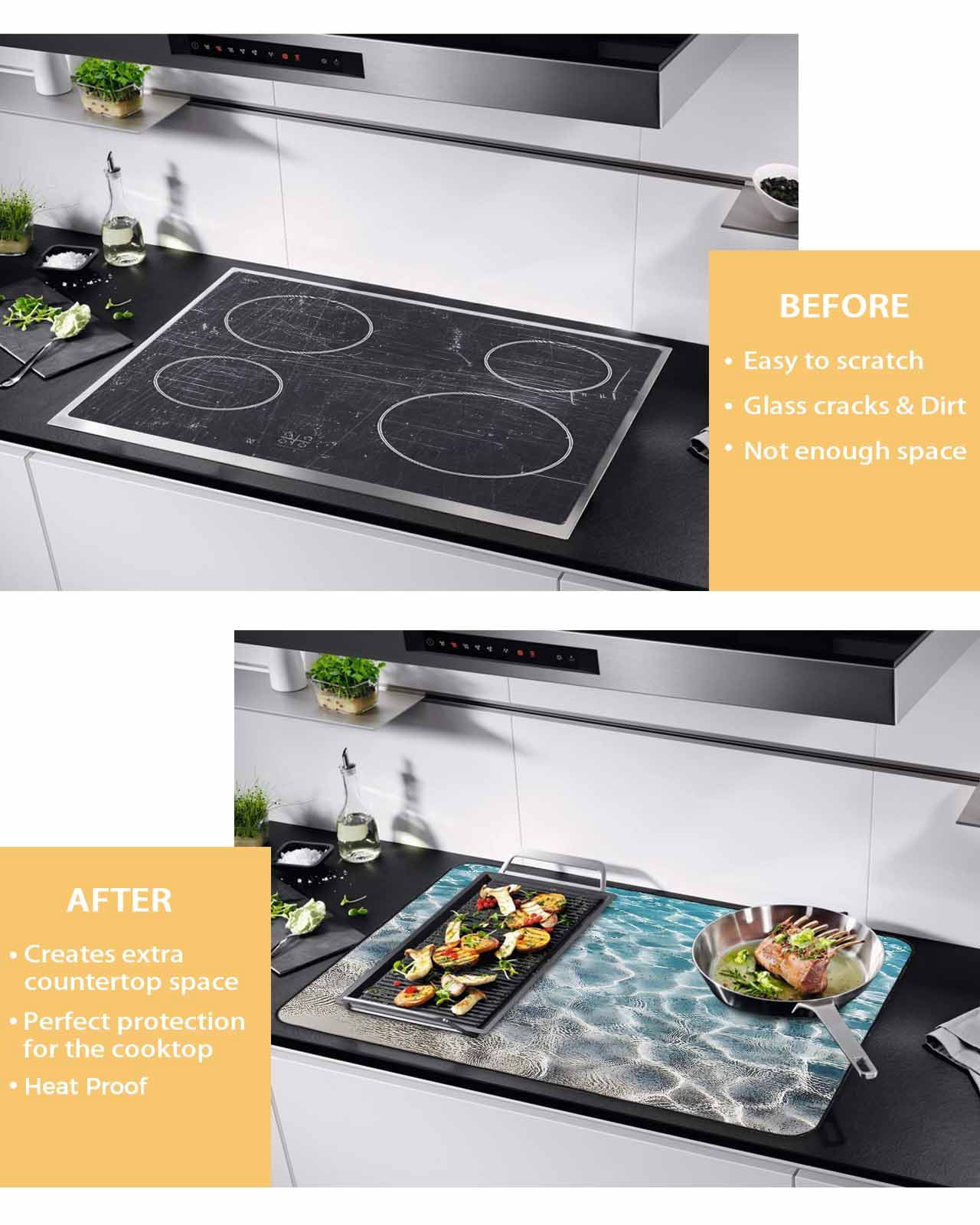 nqOlkjepod Large Induction Cooktop Protector Mat 36"x21", Summer Ocean Stove Top Covers for Electric Stove, Blue Water Ripple Farmhouse Texture Stove Burner Cover Mats, Glass Top Stove Cover
