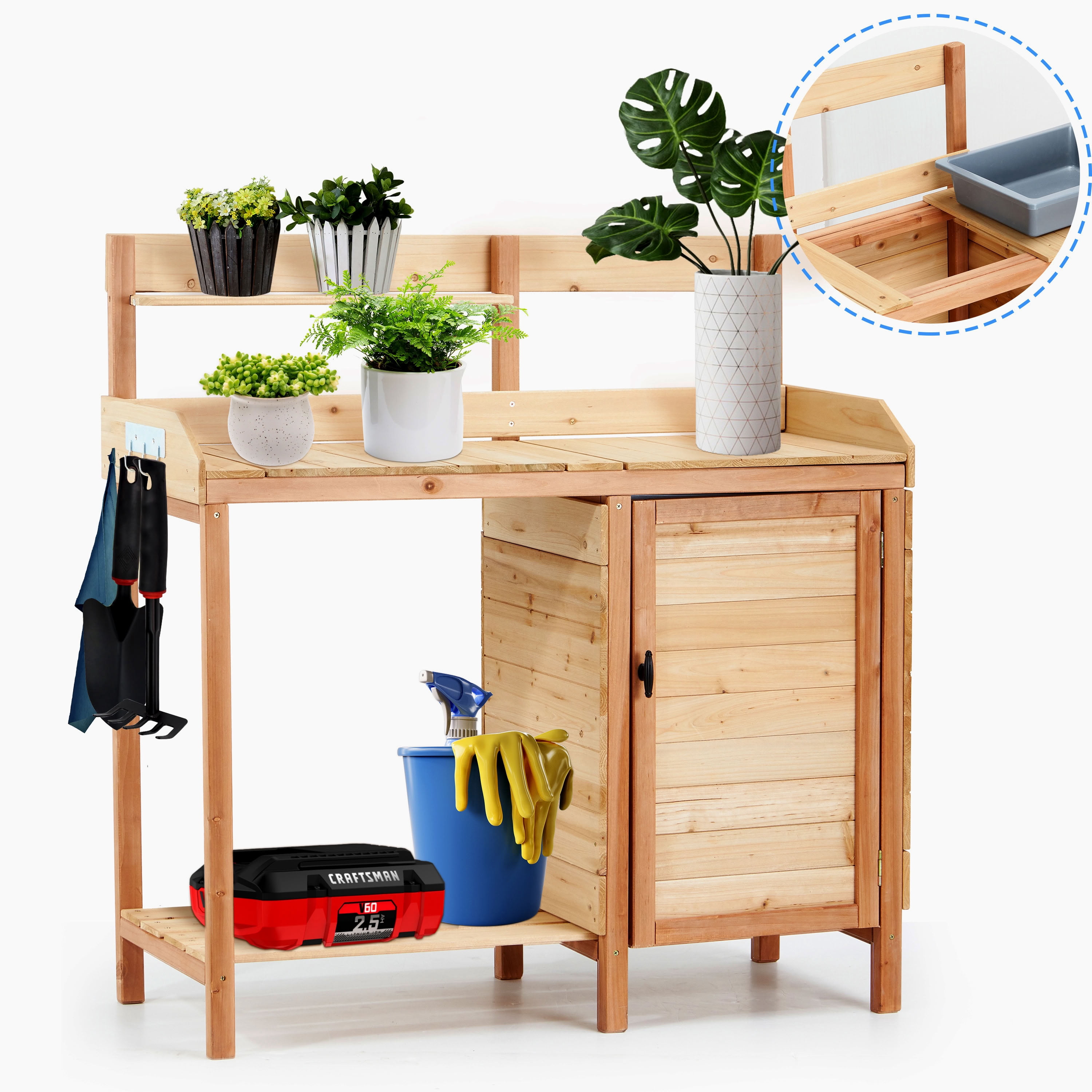 MAYEERTY Outdoor Wooden Potting Bench with Sink, Removable Tray & Side Hooks, Garden Workstation for Patio, Backyard
