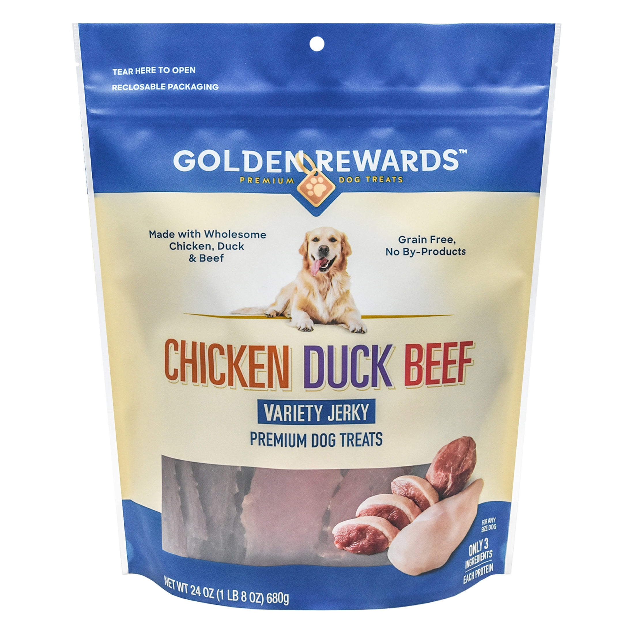 (6 pack) Golden Rewards Chicken, Duck and Beef Premium Variety Dry Jerky Treats for Dogs, 24 oz