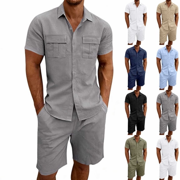 VBTAPA Men's Cotton Linen 2 Piece Set Summer Casual Outfits Short Sleeve Cargo Shirt and Shorts Matching Sets with Pockets Dark Gray XL