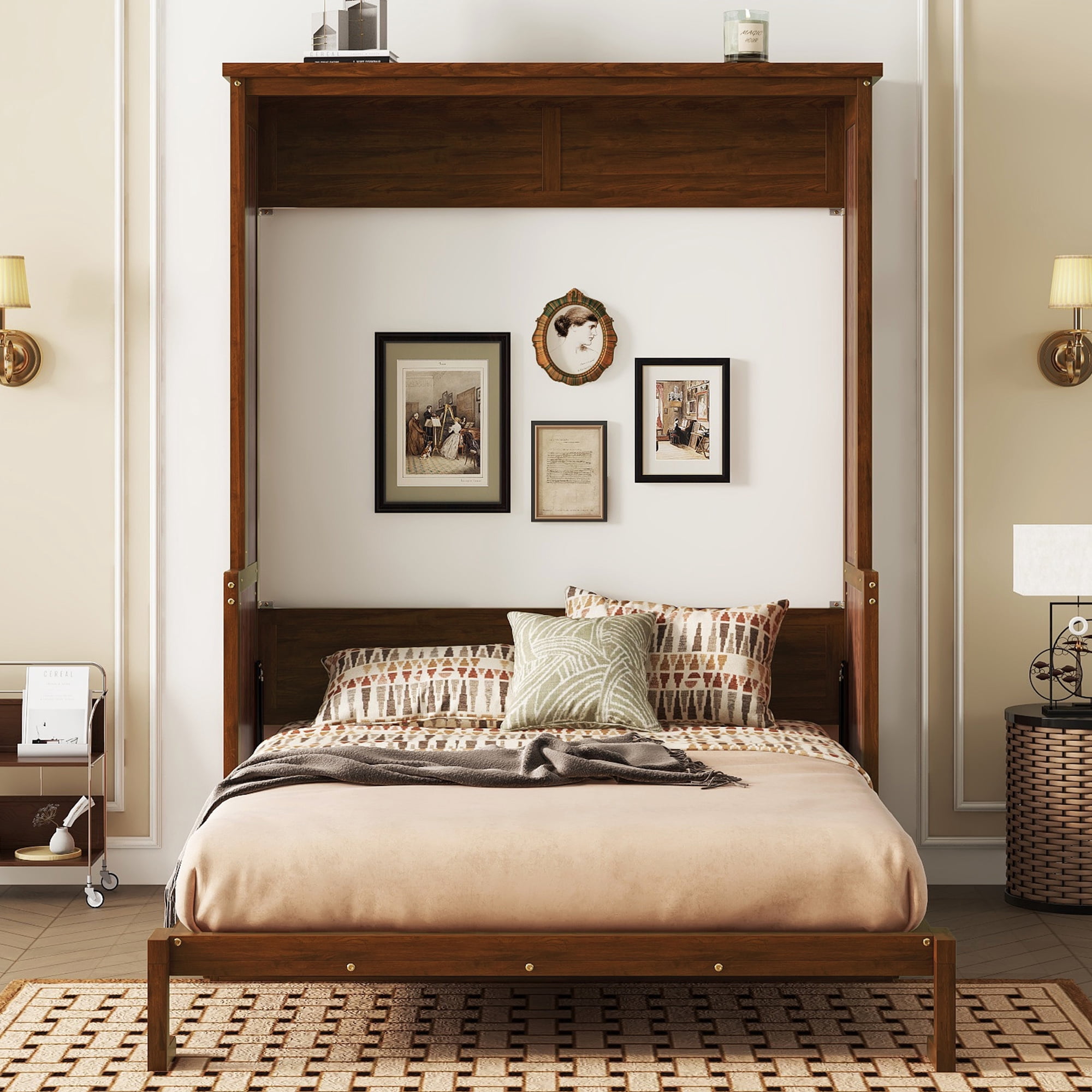 Mintazer Queen Size Murphy Bed with Shelf, Foldable Wall Cabinet Bed for Living Room Bedroom Apartment, Walnut