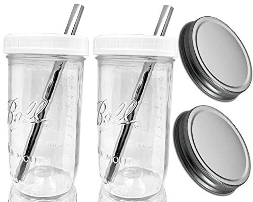 Aspiree Reusable Wide Mouth Smoothie Cups Boba Tea Cups Bubble Tea Cups with Lids and Silver Straws Ball Mason Jars Glass Cups 2-Pack, 24 oz Mason Jars
