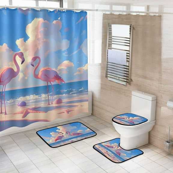 4 Pcs Summer Flamingo on Beach Bathroom Shower Curtain Set with 12 Hooks Bath Mat Toilet Lid Cover
