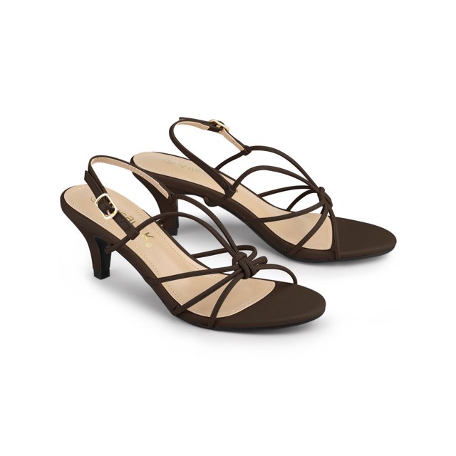 BLISSFUL STEP Women's Shoes Strappy Slingback Kitten Heel Sandals Coffee 6