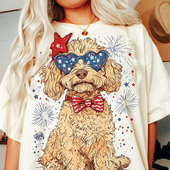 Goldendoodle 4th of July T-Shirt – Patriotic Dog Shirt with Stars and Stripes Bow for USA Celebrations