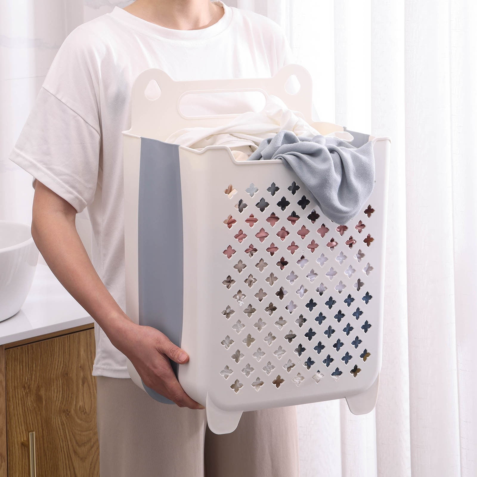 Large Wall Mount Folding Laundry Basket | Space-Saving Storage Organizer for Bathroom Closet | Portable Clothes Hamper with Sturdy Handles