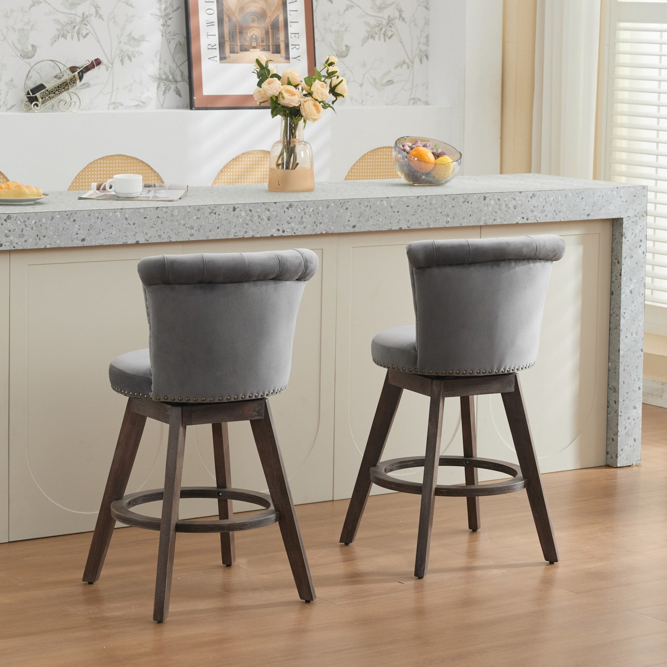 Noble House Set of 2 Counter Height Bar Stools, 360° Swivel Velvet Seats, Tufted Back, Gray