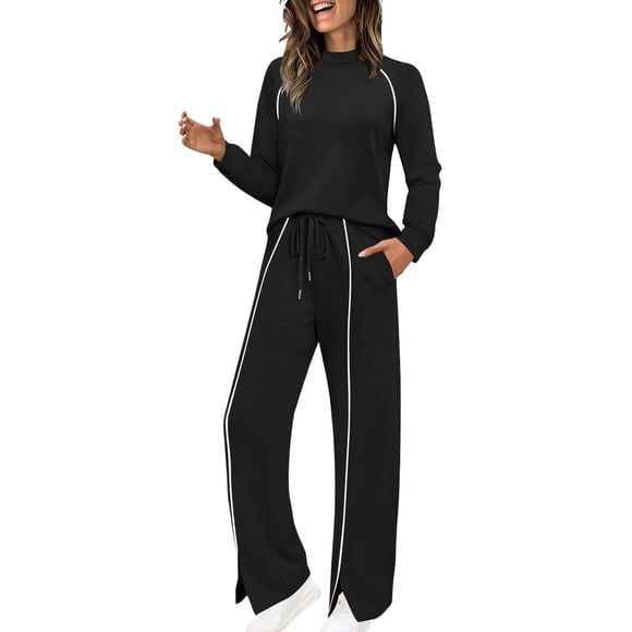 Daiosportswear Women'S Tracksuit Round Neck Long Sleeve Sweatshirt with High Waist White lines for embellishment,2 piece sets for women Black M(M)