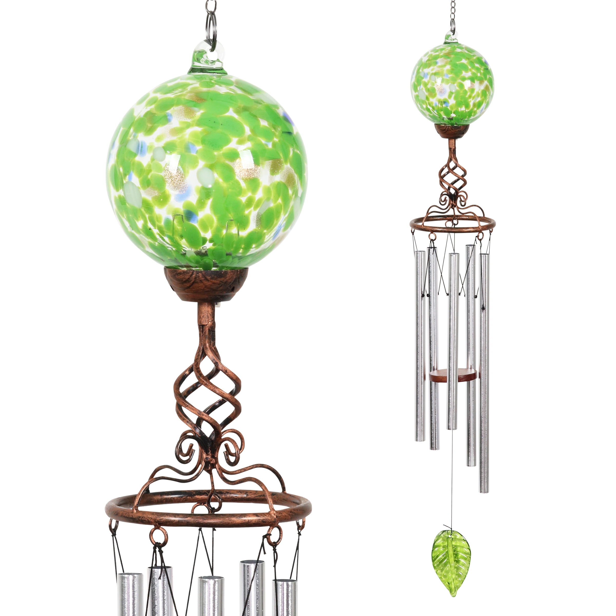 Exhart Solar Green Glass Ball Wind Chime with Metal Finial, 5 by 46
