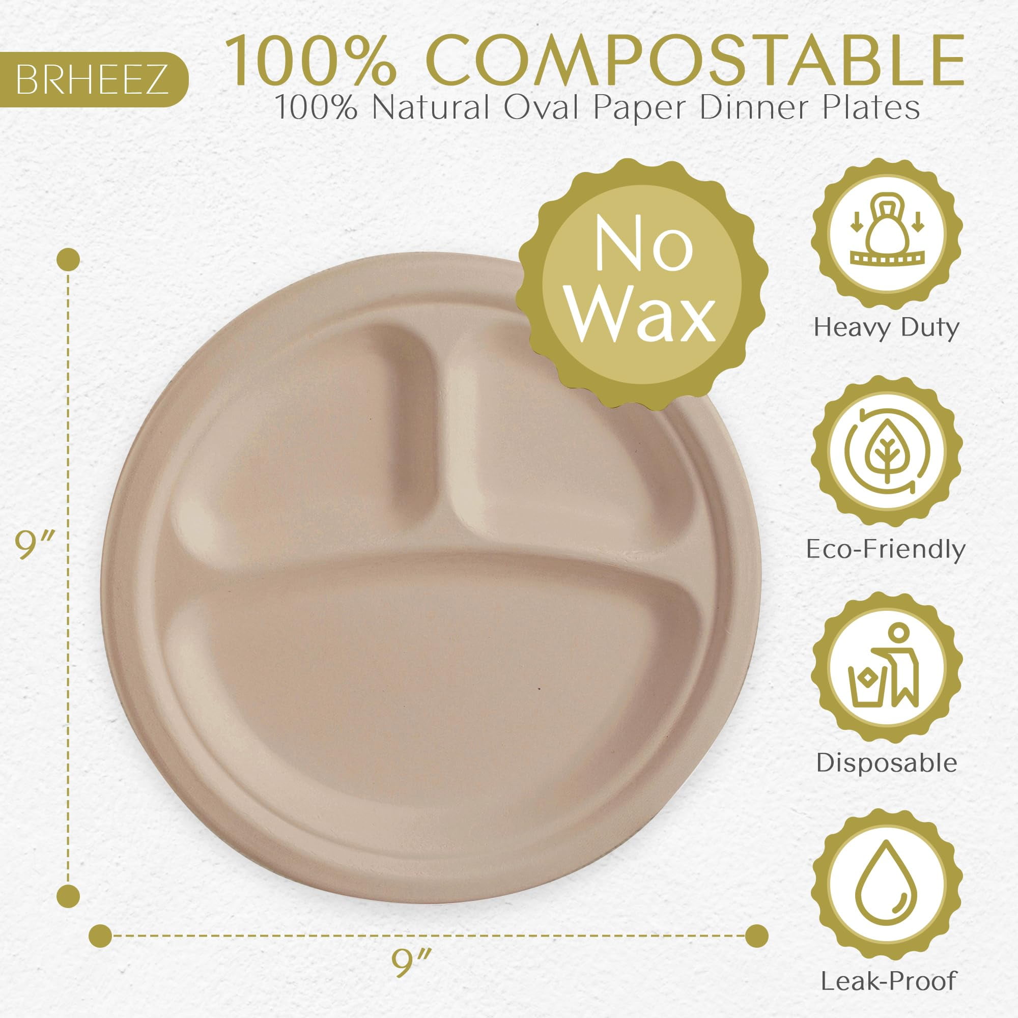 brheez Heavy Duty Compartment Disposable Plates AFN19 Inch 60 Plates Eco-Friendly 100% plant Fiber Biodegradable Compostable Paper Plates Alternative - Natural