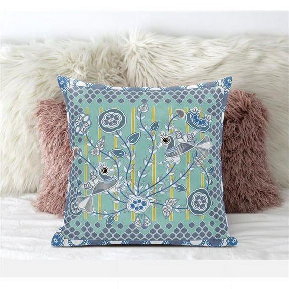 Amrita Sen Designs  20 x 20 in. Pond Peacock Suede Zippered Pillow with Insert - Muted Aqua & White