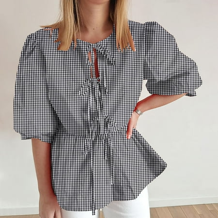 Women Y2K Puff Short Sleeve Peplum Shirts Tie Front Ruffle Hem Babydoll Blouse Tops Teen Girls Lace up Cute Summer Tops  Limited Time Clearance Under 10 Dollars