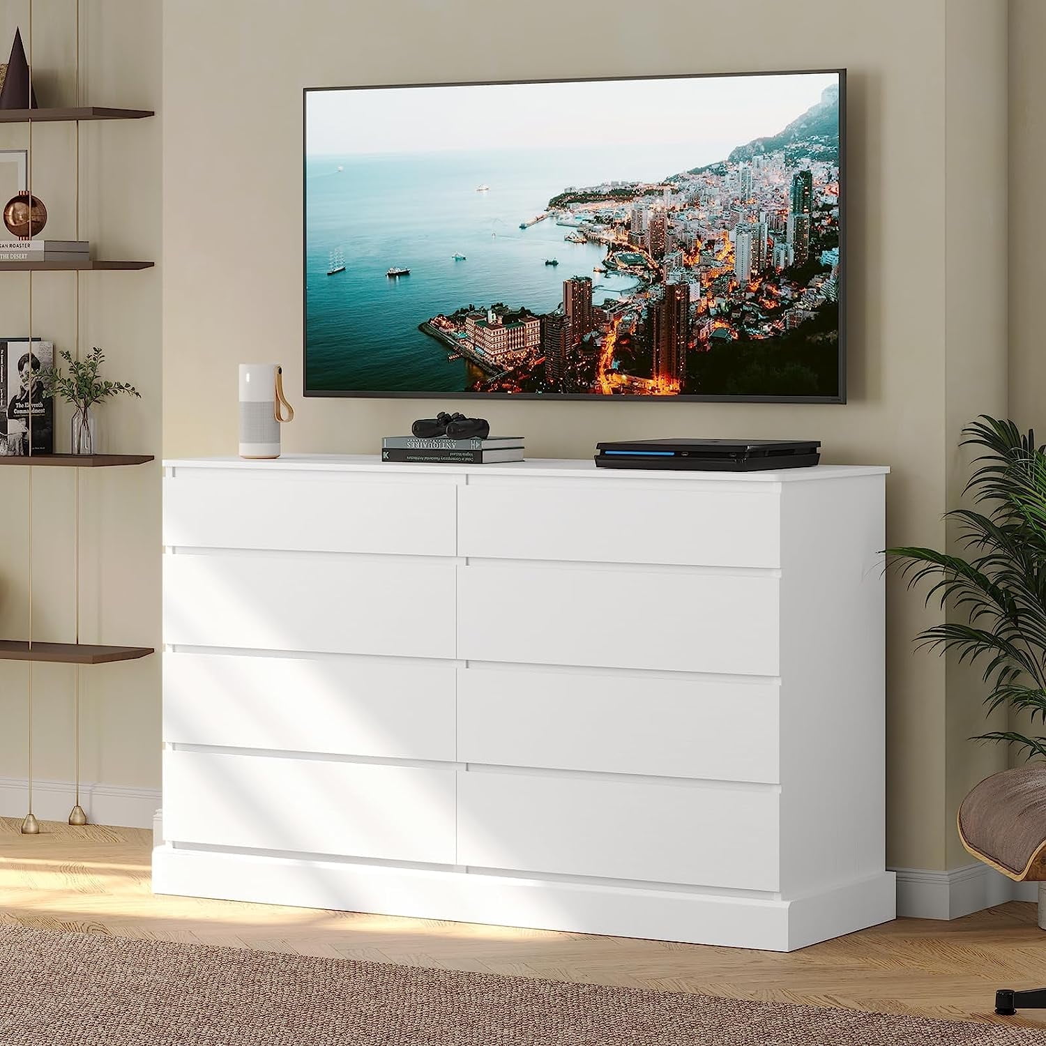 White Dresser with 8 Drawers for Bedroom Wide Chest of Drawers for Living Room, Large Capacity Clothing Storage Cabinet, 51.5''W Wooden Dresser for Entryway