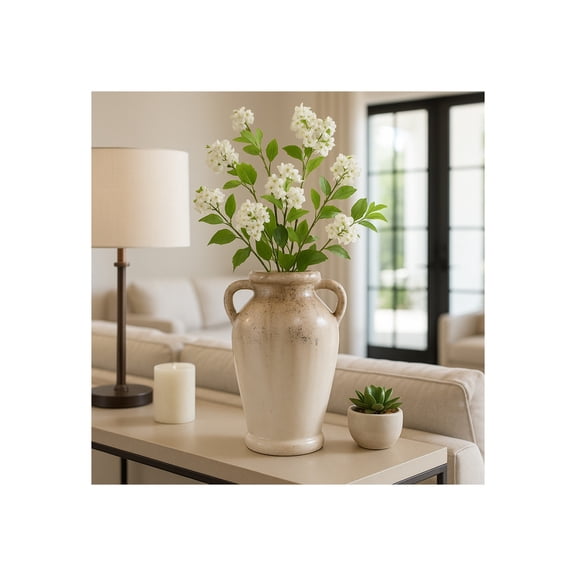 Textured Terracotta Vase with Handles for Home Decor - Rustic Flower Vase for Living Room, Bedroom, and Office Display - House Accent for Entryway and Table Decor - 12", Ivory & Brown