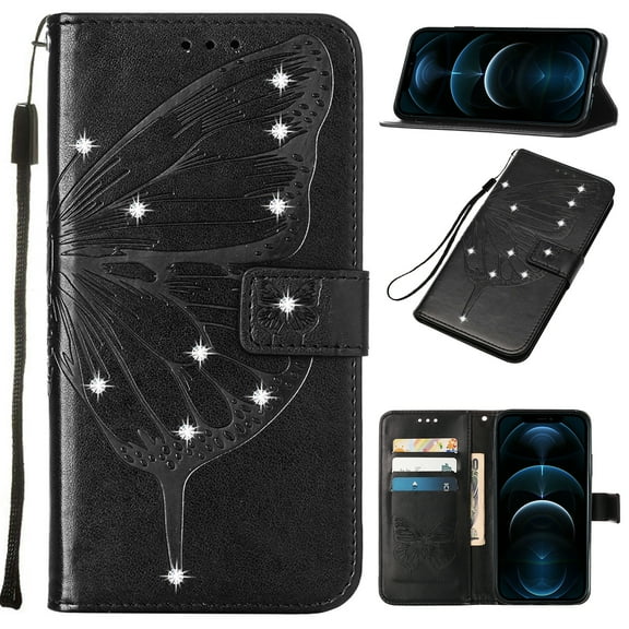 Nalacover for Samsung Galaxy A13 5G Wallet Case, Rhinestone Butterfly& Flower Pattern Cover with Card Slots Holder Kickstand, Wrist Strap Handbag PU Leather Magnetic Clasp Shockproof Case,Black