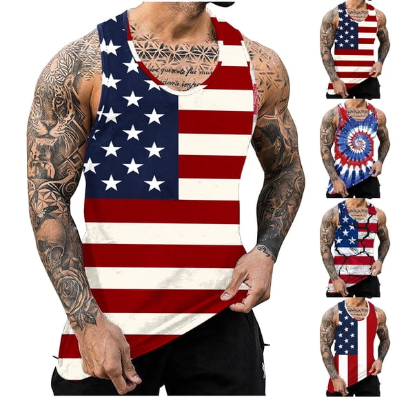WAENQINLA Big and Tall Men's Patriotic Tank Tops Round Neck 250th Anniversary Sleeveless Shirts Red White and Blue 4th of July Graphic Tees for Workout & Summer S-4XL