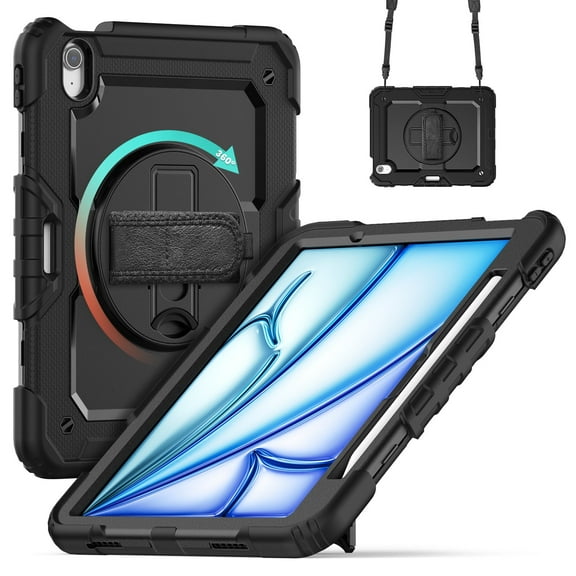 ShieldPlus Case for iPad Air 11 Inch M2 2024 6th Generation(Model: A2902, A2903, A2904) with Built-in Screen Protector, 360° Rotating Kickstand, Adjustable Shoulder Strap, Pencil Holder, Black